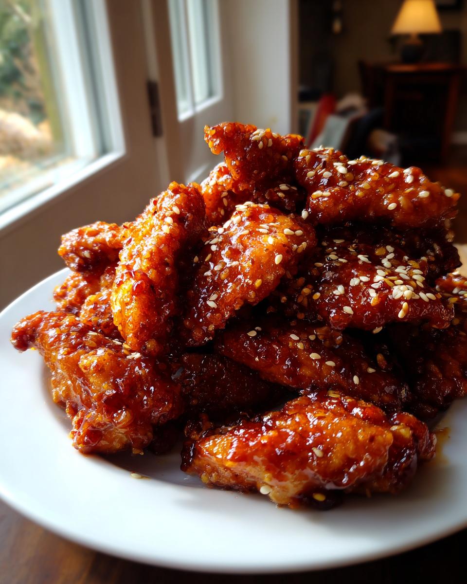 Een stapel krokante stukjes Sesame Chicken bedekt met een glanzend, roodbruin glazuur en witte sesamzaadjes.