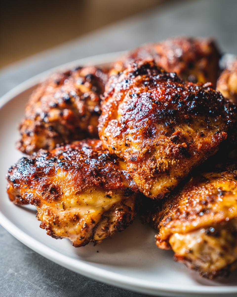 Close-up van meerdere stukken krokante airfryer kip met een donkere, gekruide korst op een licht bord.