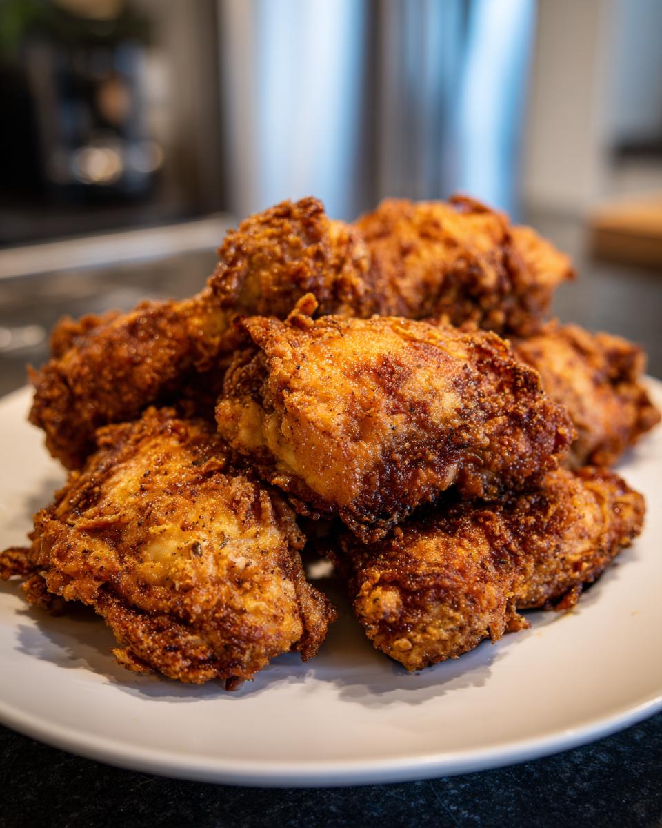 Een stapel goudbruine, krokante kipstukken, bereid met de Airfryer, op een witte schotel.