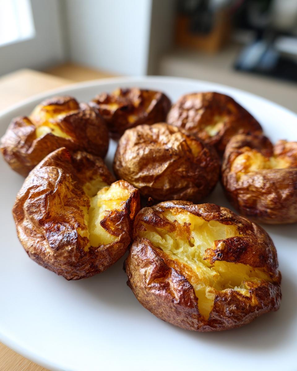 Close-up van zeven goudbruine, krokante Airfryer Smashed Potatoes op een wit bord.
