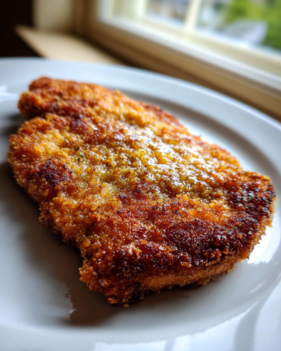 Close-up van een goudbruin gebakken, krokante Kip Milanese op een wit bord.