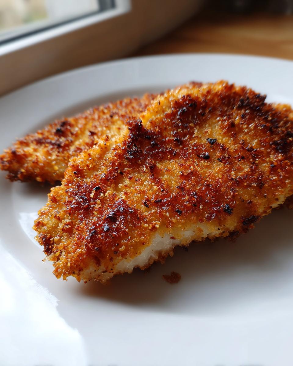 Twee stukken goudbruin gebakken Kip Milanese met een zeer krokante paneerlaag op een wit bord.