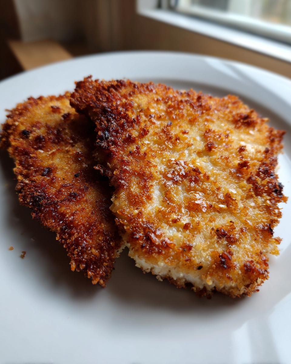 Twee goudbruin gebakken stukken Kip Milanese met een zeer krokante paneerlaag op een wit bord.
