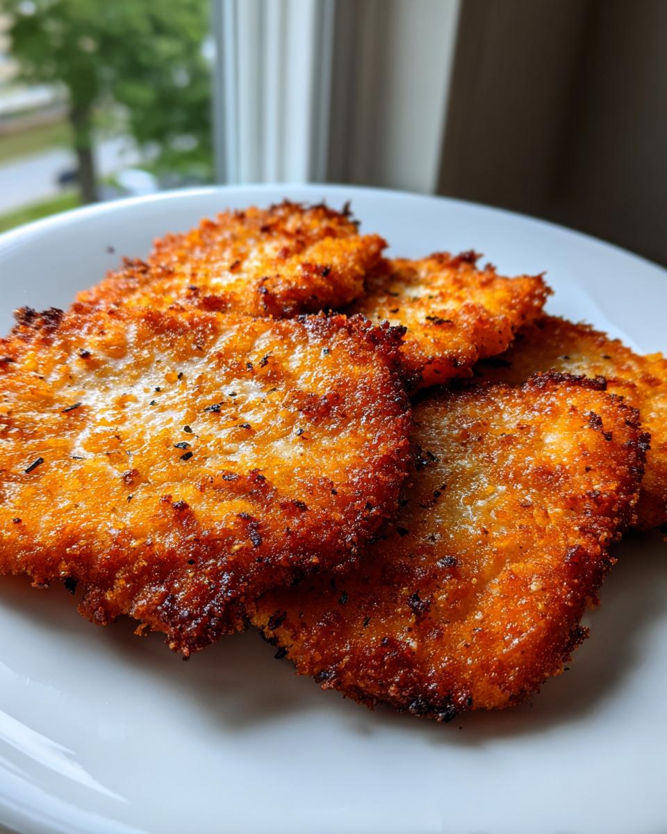 Drie goudbruine, krokante stukken Kip Milanese op een wit bord, klaar om geserveerd te worden.
