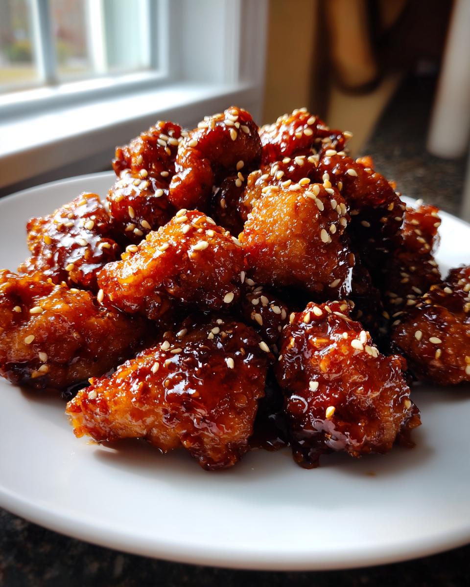 Een stapel krokante Sesame Chicken stukjes bedekt met een donkere, glanzende saus en sesamzaadjes.