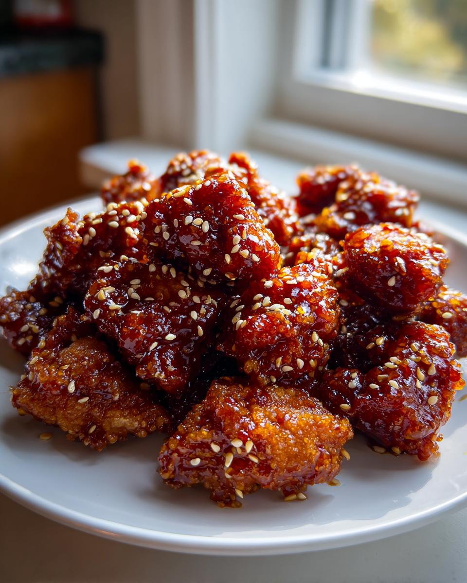 Een berg krokante Sesame Chicken stukjes, bedekt met een glanzende, donkerbruine saus en witte sesamzaadjes.