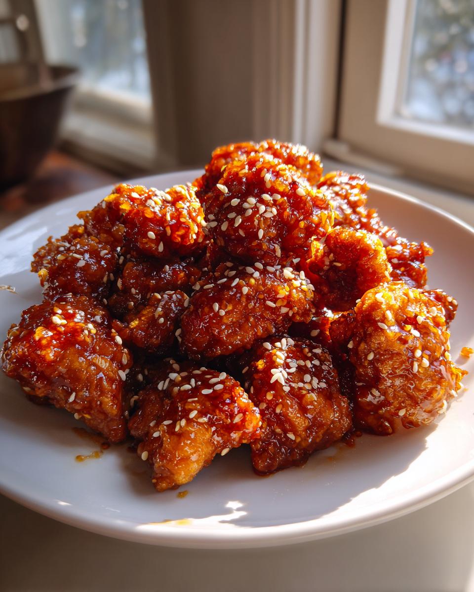 Een berg krokante stukjes Sesame Chicken bedekt met een glanzende saus en witte sesamzaadjes op een wit bord.