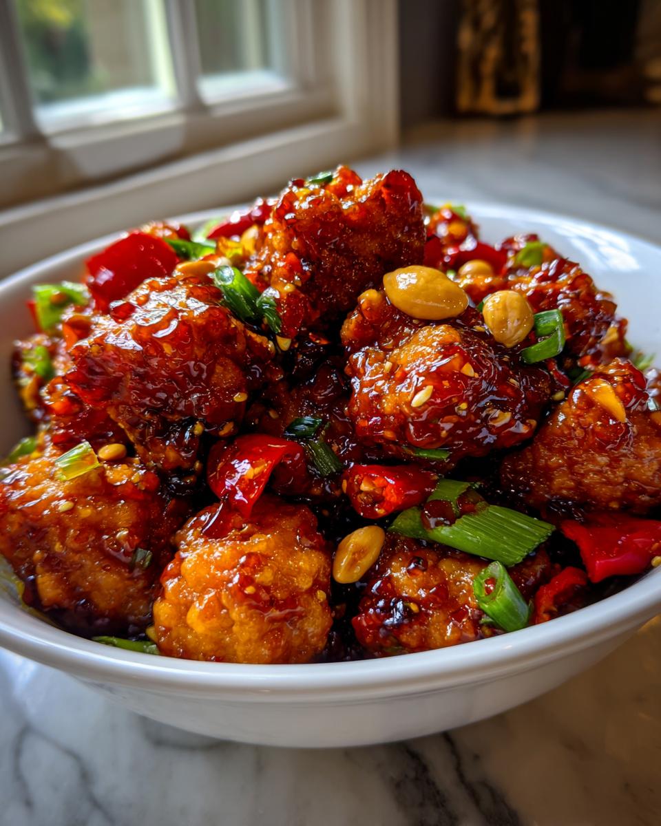 Close-up van krokante Kung Pao Tofu in een glanzende, pittige saus met pinda's en lente-ui.