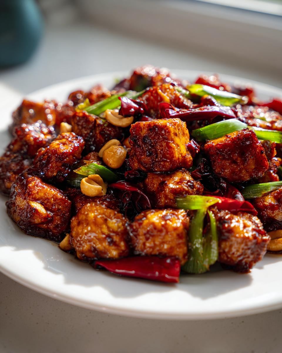 Close-up van een bord met krokante, geglaceerde Kung Pao Tofu, groene lente-ui en rode pepers.