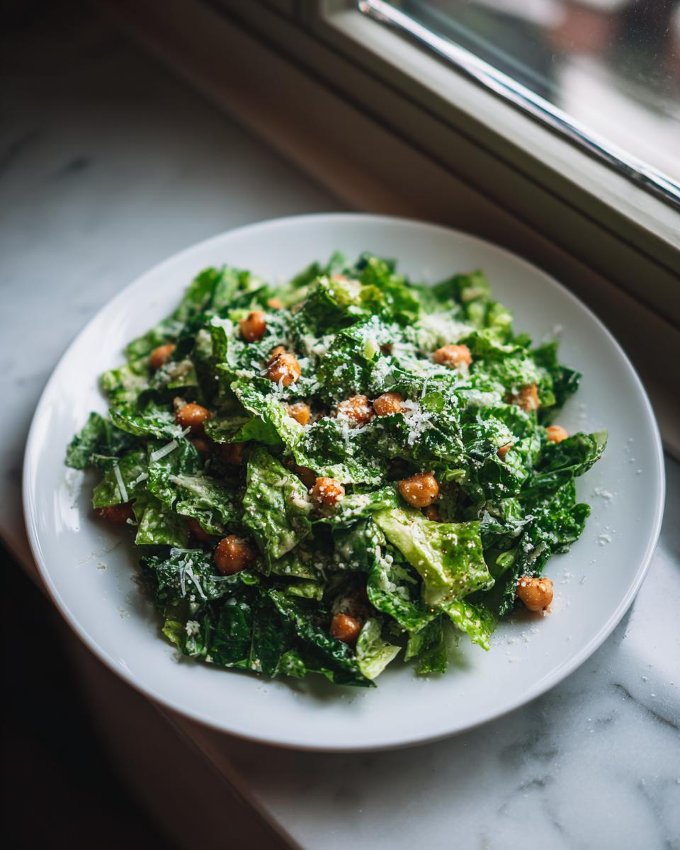 Een bord met La Scala Chopped Salad, groen bladgroen, geroosterde kikkererwten en geraspte kaas.