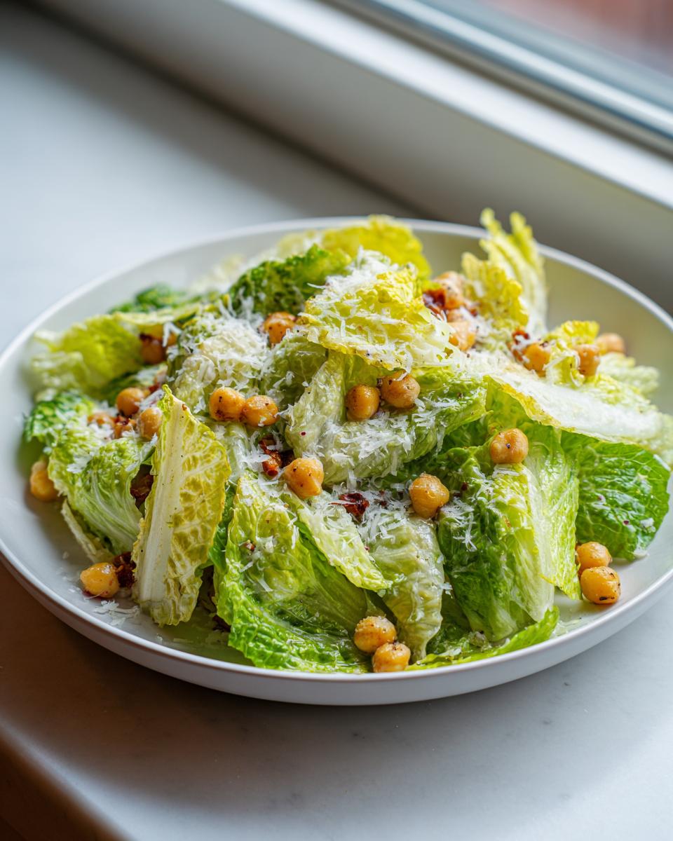 Een kom met La Scala Chopped Salad, bestaande uit Romeinse sla, geroosterde kikkererwten en geraspte kaas.