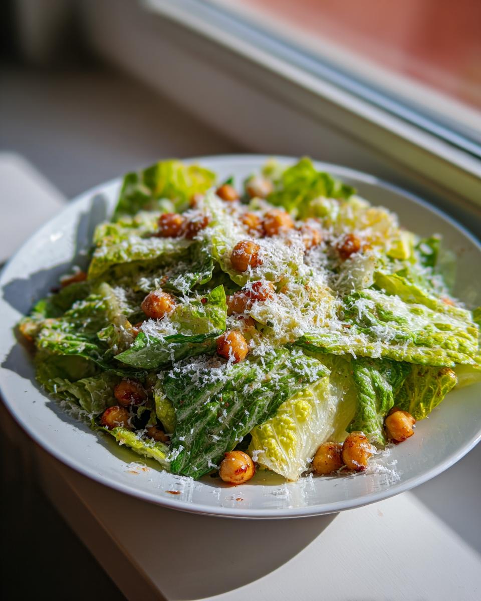 Close-up van een bord met La Scala Chopped Salad, gegarneerd met geraspte kaas en geroosterde kikkererwten.