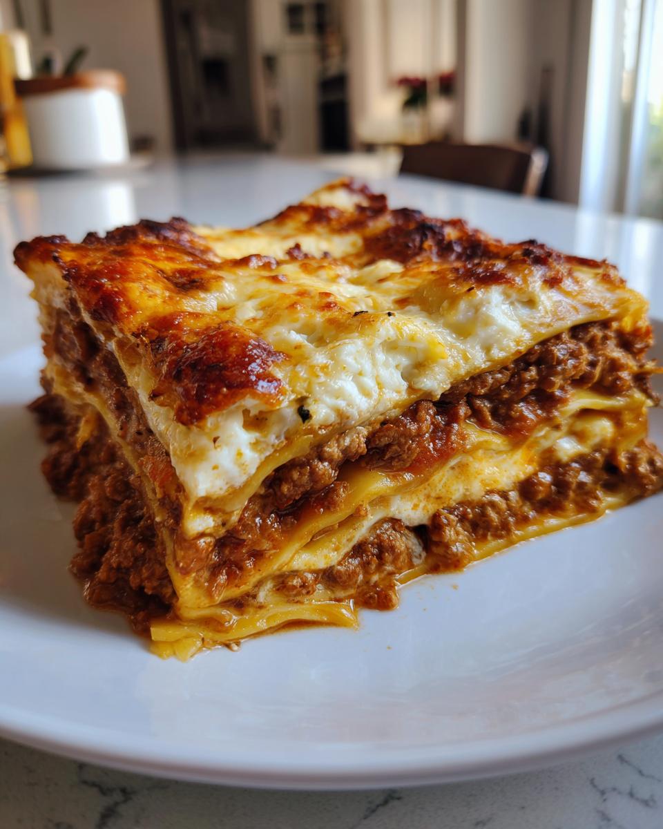 Een dikke, gelaagde portie Lasagna Bolognese met een goudbruine, gegratineerde kaaskorst op een wit bord.