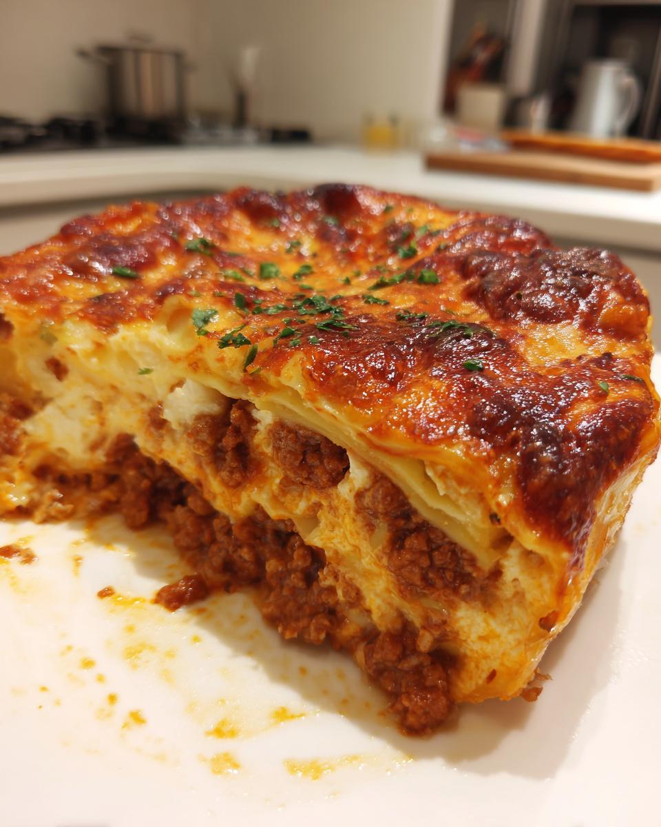 Close-up van een dikke, goudbruin gebakken snee Lasagna Bolognese met zichtbare lagen vleessaus en bechamelsaus.