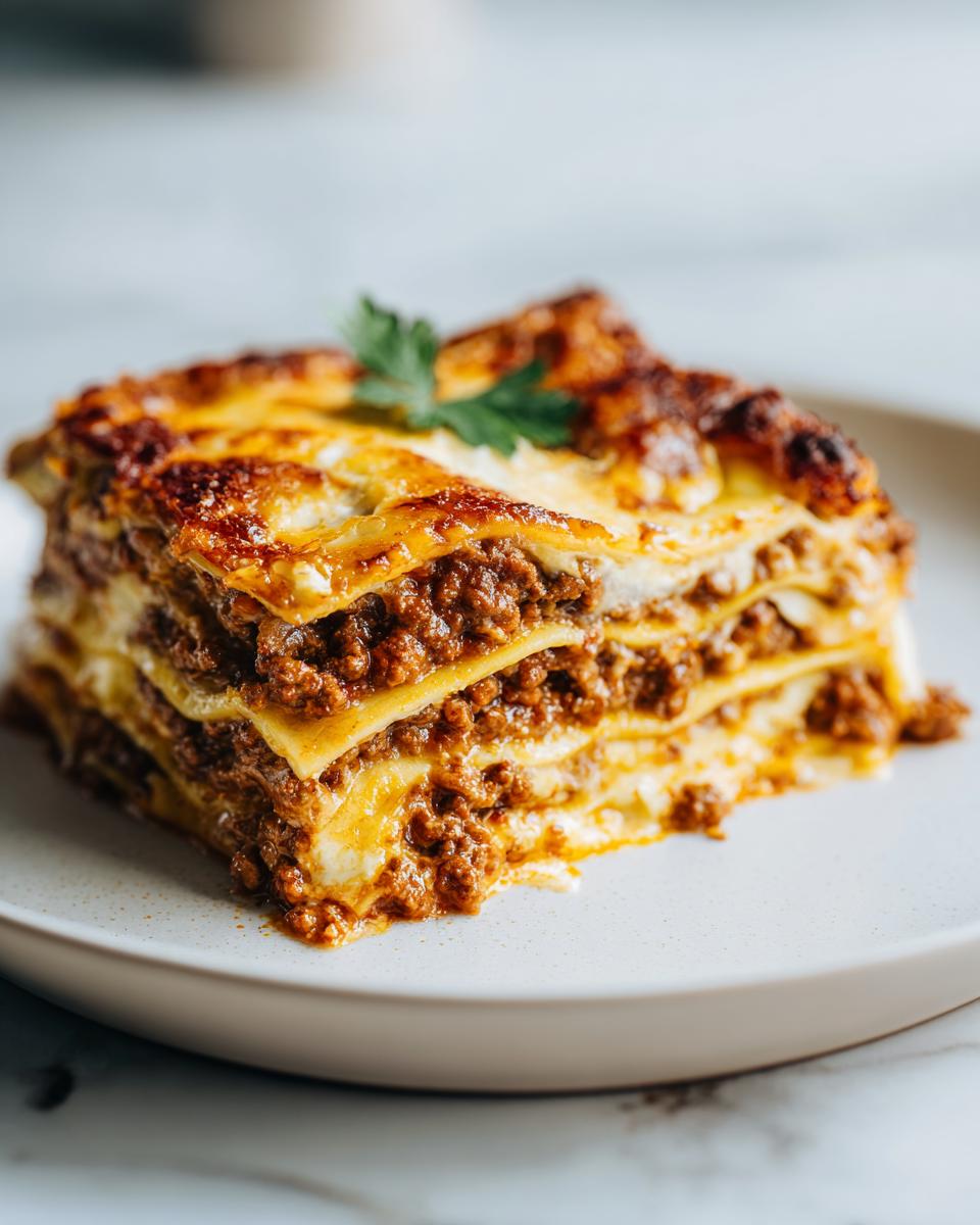 Een dikke, gelaagde portie Lasagna Bolognese met rijke vleessaus en gegratineerde kaas, gegarneerd met peterselie.