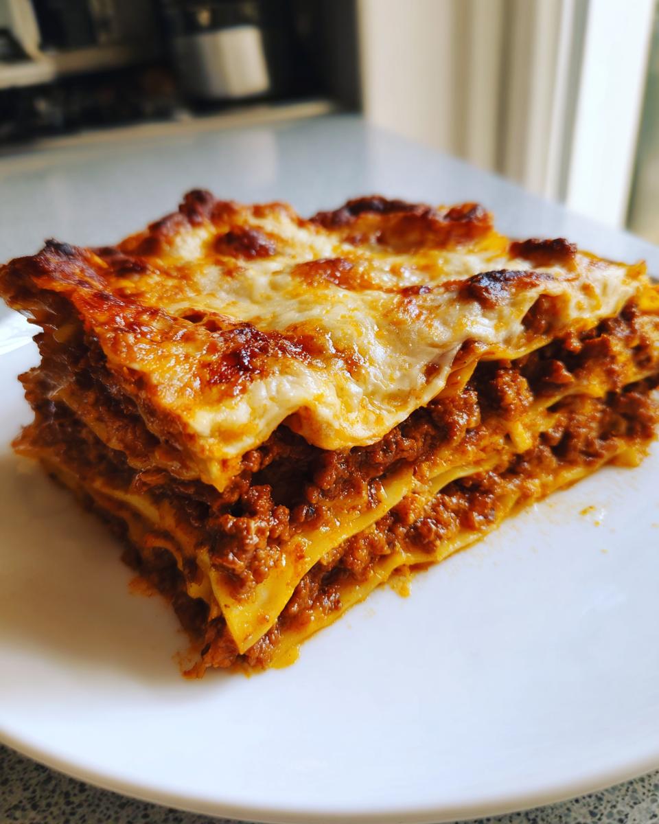 Een dikke, gelaagde portie Lasagna Bolognese met een goudbruine, gegratineerde kaaskorst op een wit bord.