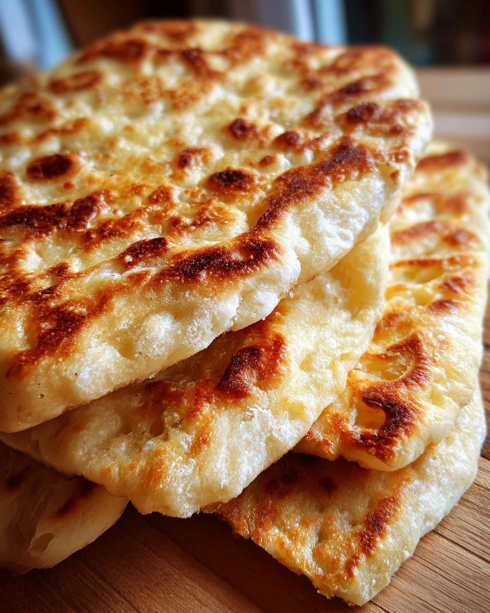 Close-up van een stapel goudbruin gebakken, zacht Lavash Brood met donkere blaren op een houten ondergrond.
