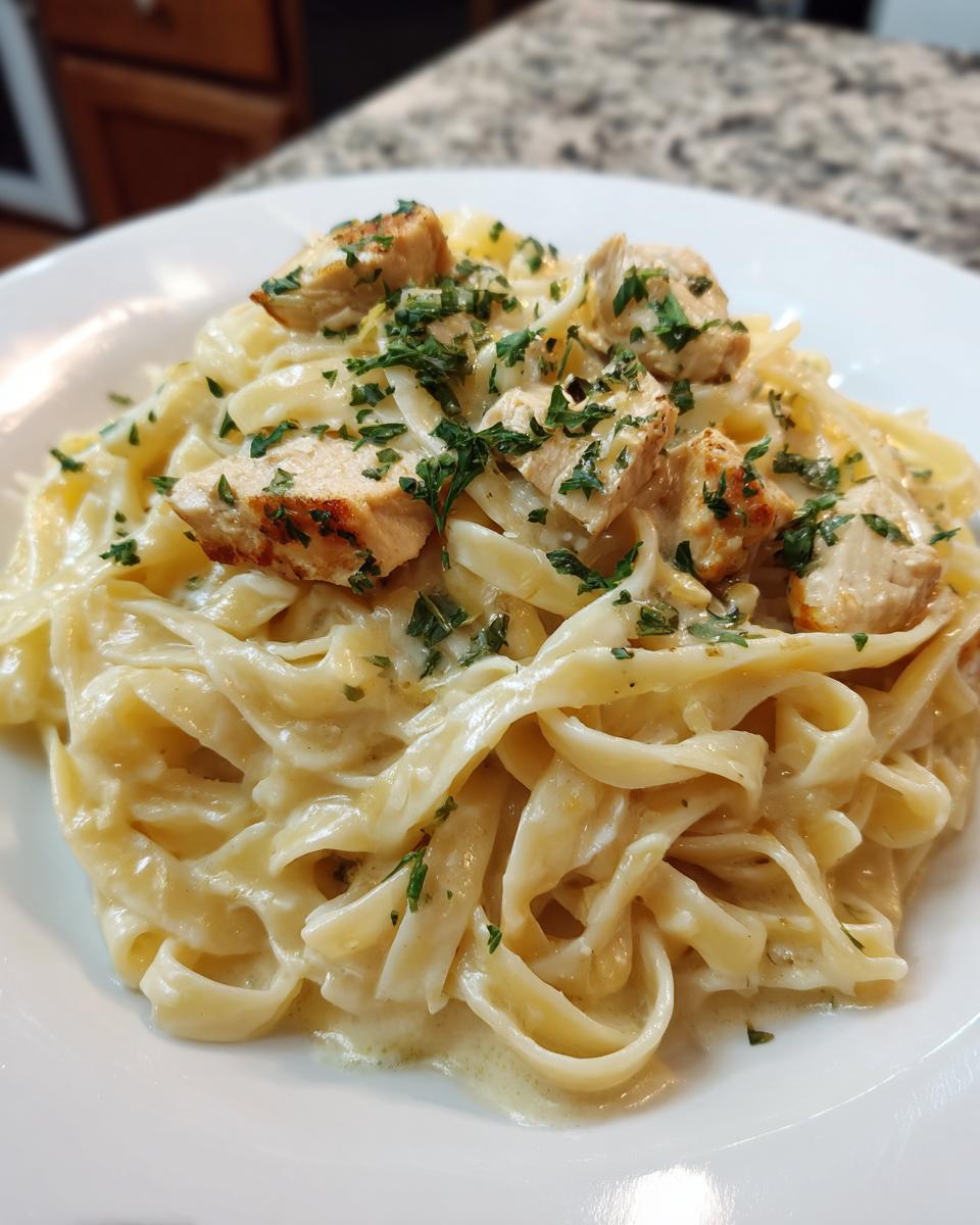 Een bord romige Lemon Chicken Fettuccine gegarneerd met stukjes gegrilde kip en verse peterselie.