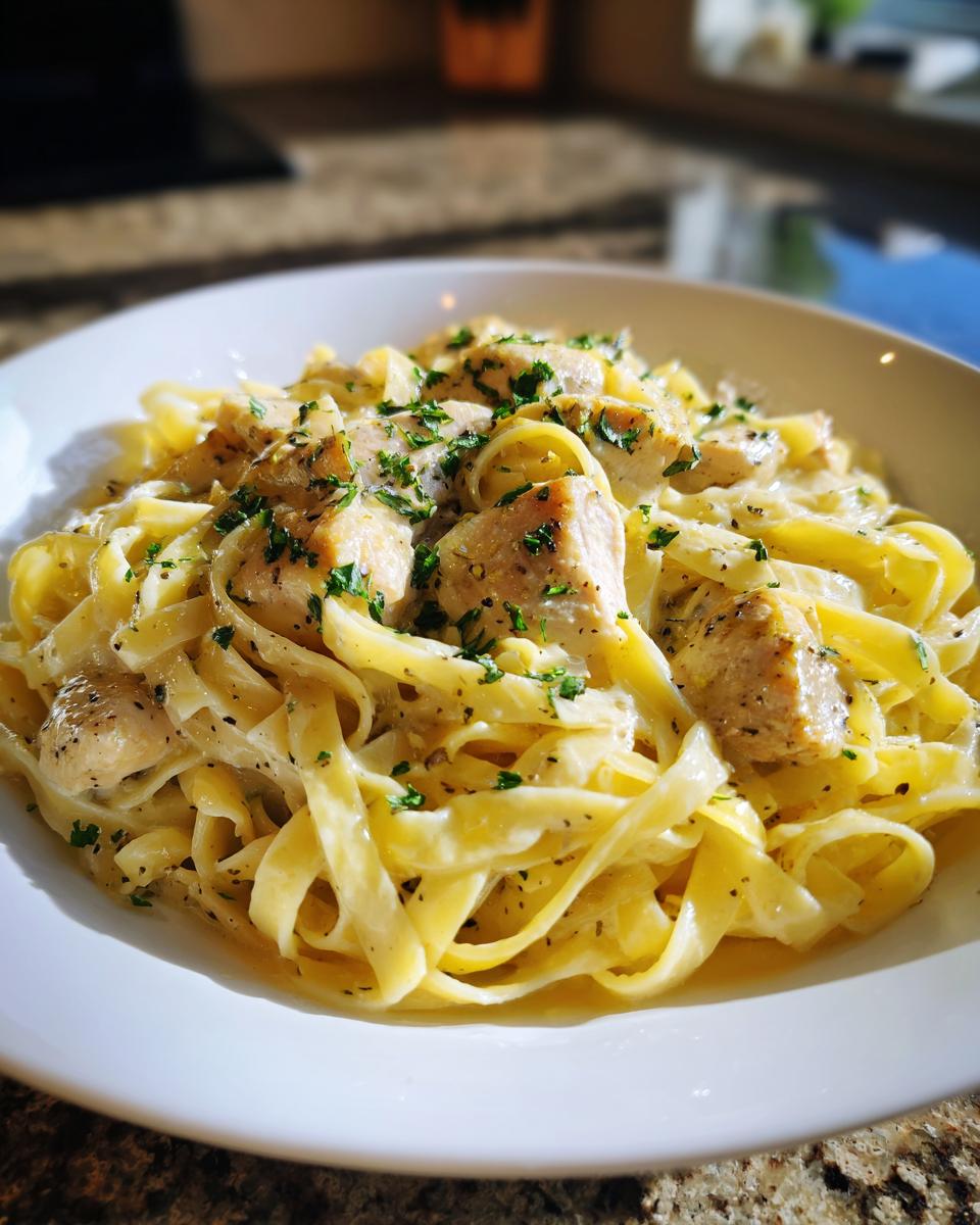 Close-up van romige Lemon Chicken Fettuccine met stukjes kip en peterselie in een witte kom.