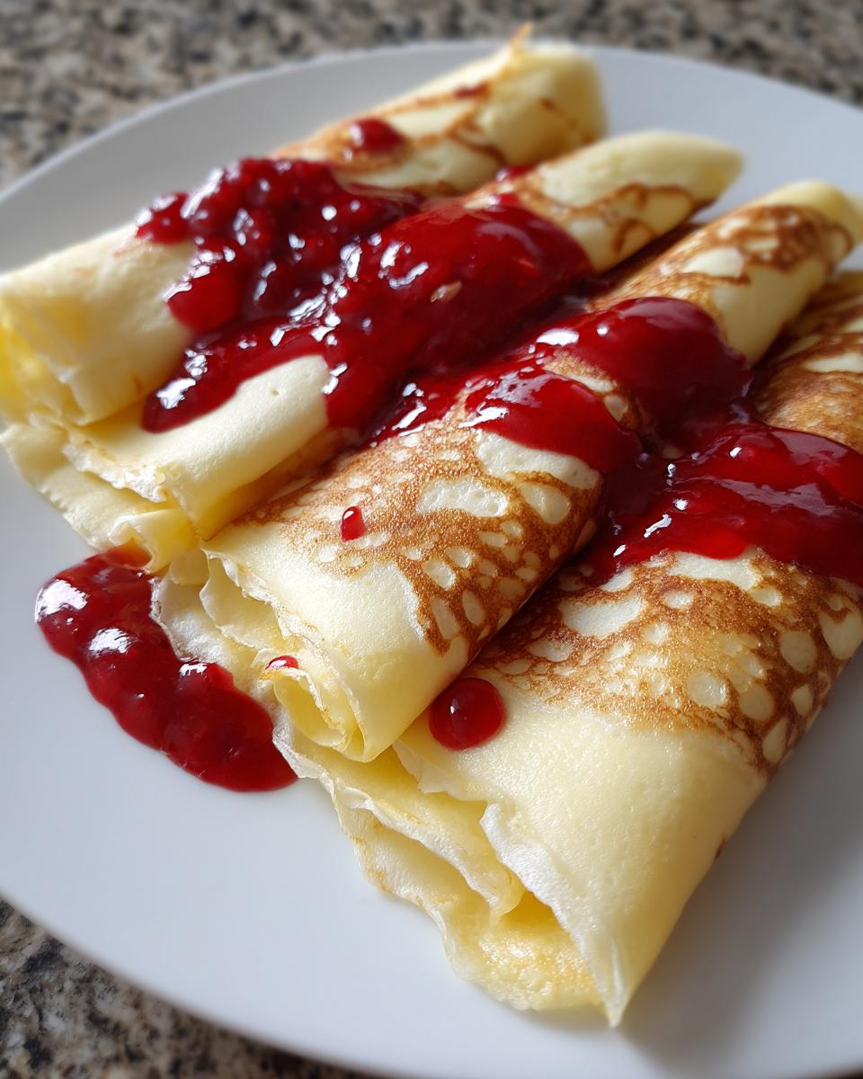 Drie opgerolde Lemon Crepes met een royale topping van heldere, rode frambozensaus op een wit bord.