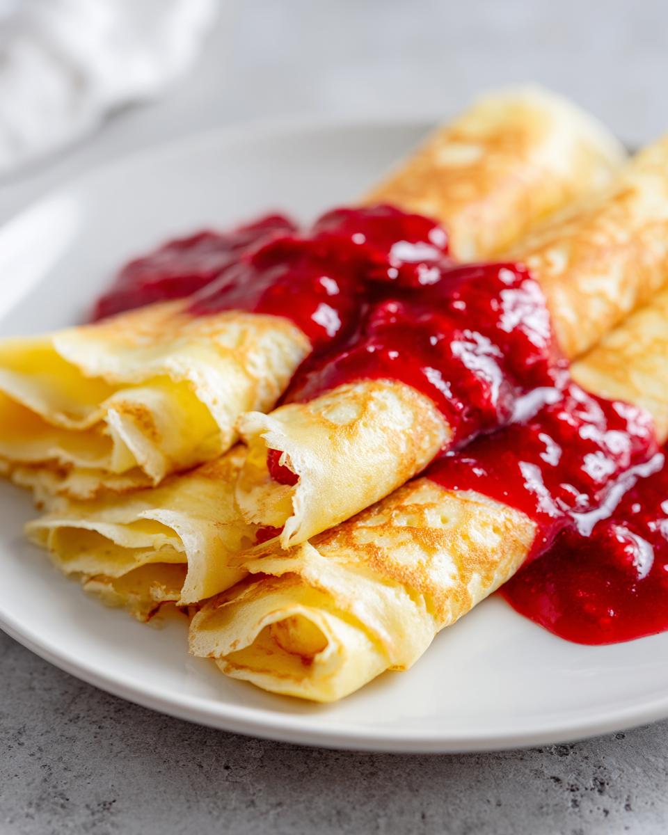 Drie gevouwen Lemon Crepes met een royale schep helderrode frambozensaus op een wit bord.