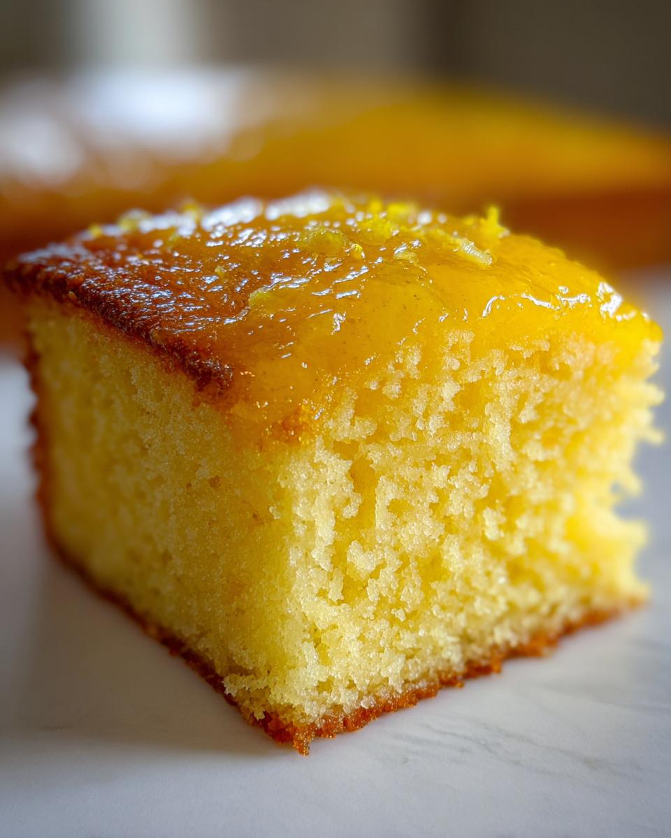 Close-up van een stukje gele cake met een glanzende laag Lemon Curd Topped Lemon Cake.