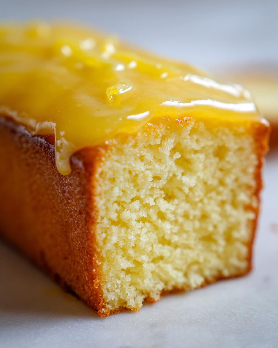 Close-up van een stuk gele cake met een dikke laag glanzende Lemon Curd Topped Lemon Cake erop.