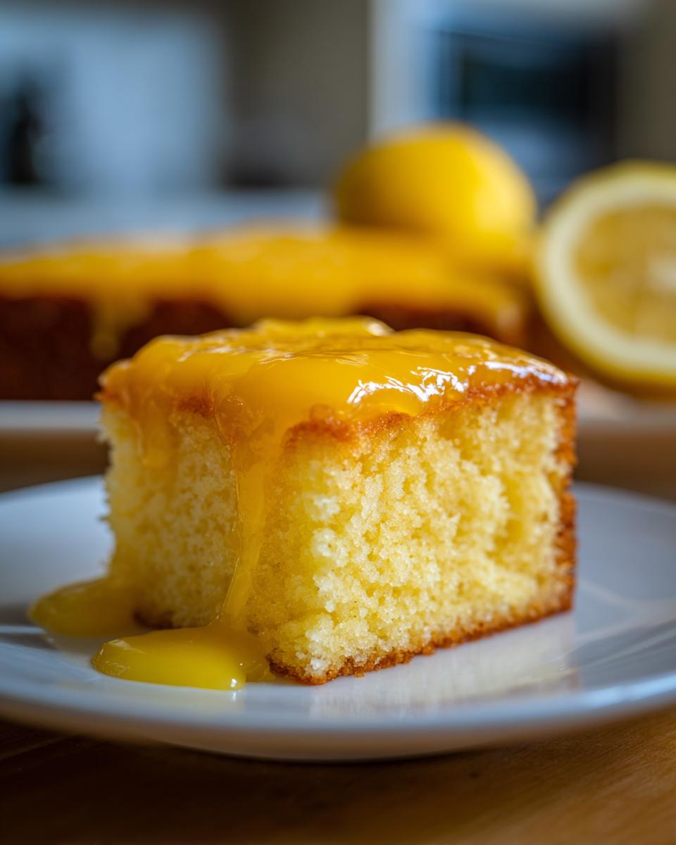 Een close-up van een stuk Lemon Curd Topped Lemon Cake met dikke, glanzende citroencurd die eraf druipt.