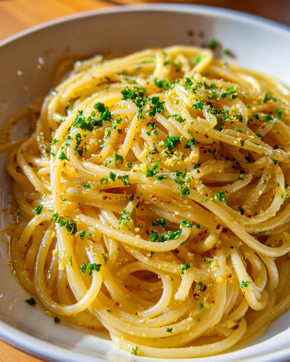 Close-up van een kom met glanzende, gele Lemon Pasta, gegarneerd met verse peterselie en citroenzest.