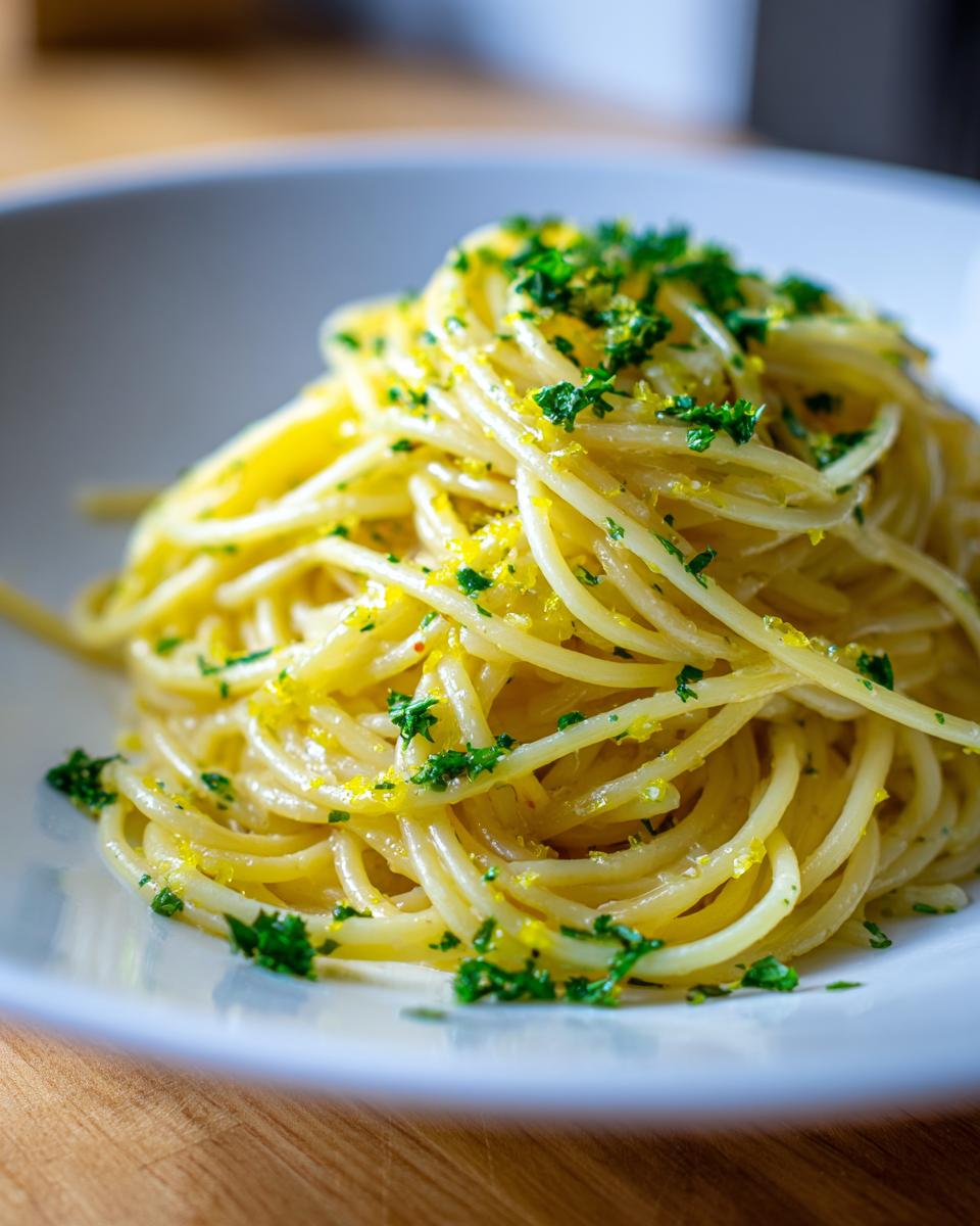 Close-up van een bord met romige Lemon Pasta, gegarneerd met citroenrasp en verse groene peterselie.