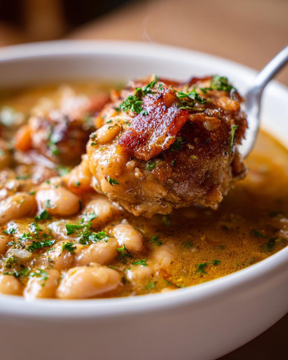 Een lepel schept een stuk kip met krokant spek uit een kom Easy Chicken Cassoulet met witte bonen.