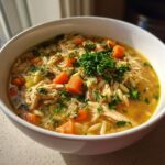 Close-up van een kom met heerlijke Chicken Orzo Soup, gevuld met kip, orzo pasta, wortelblokjes en peterselie.