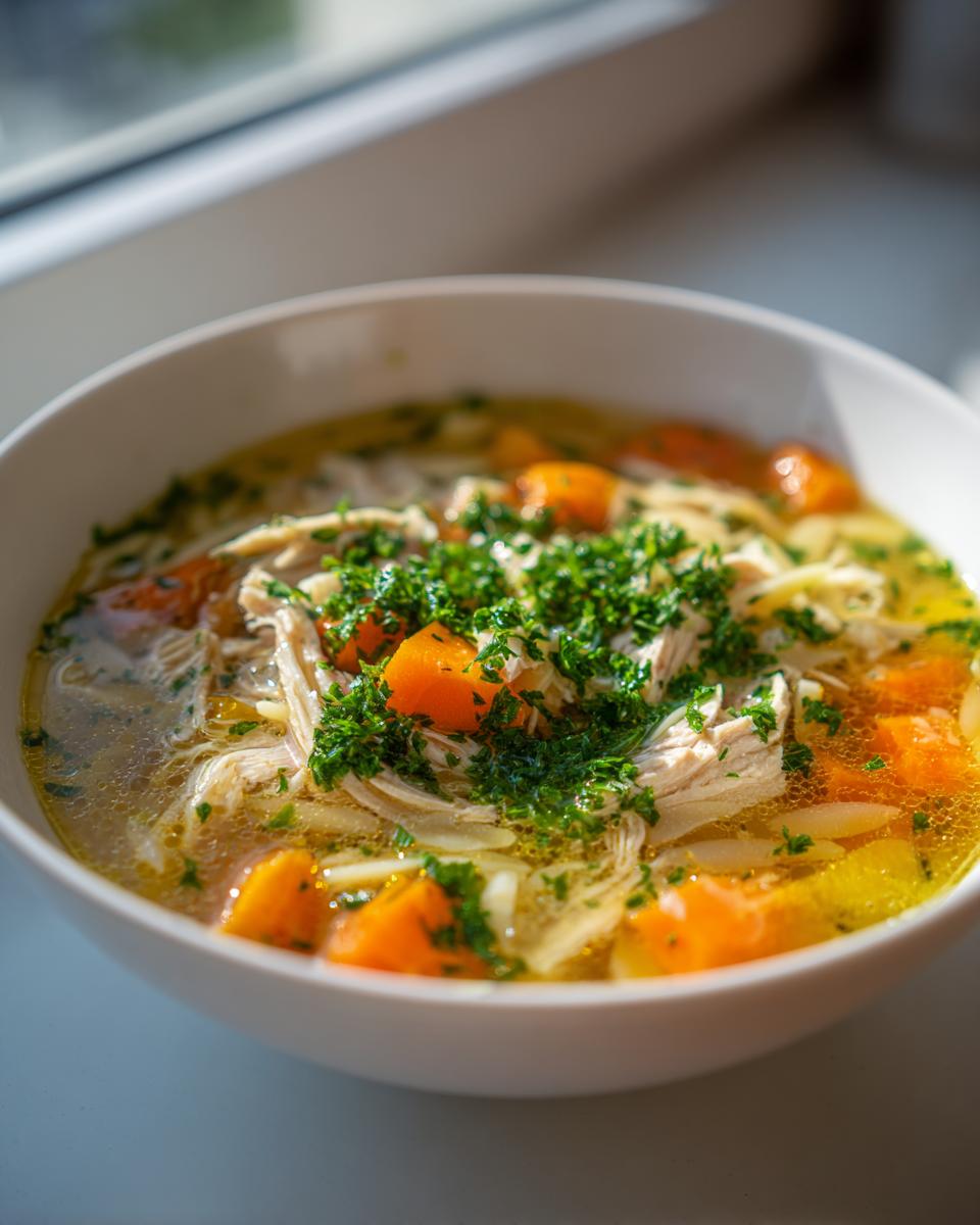 Close-up van een kom met Machtige Chicken Orzo Soup, rijk gevuld met kip, orzo, wortelstukjes en peterselie.