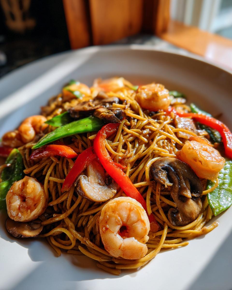 Close-up van een bord met heerlijke Shrimp Lo Mein, vol met noedels, garnalen, champignons en rode paprika.