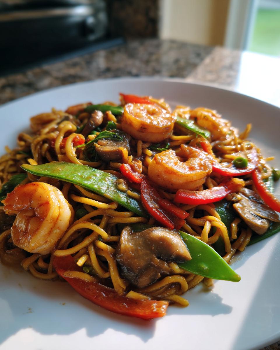 Close-up van een bord met Machtige Shrimp Lo Mein, rijkelijk belegd met garnalen, peultjes, paprika en champignons.