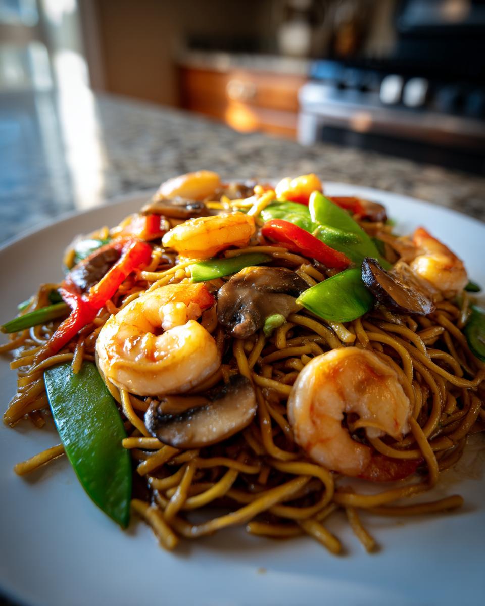 Close-up van een bord met heerlijke Shrimp Lo Mein, vol met noedels, garnalen, champignons en peultjes.