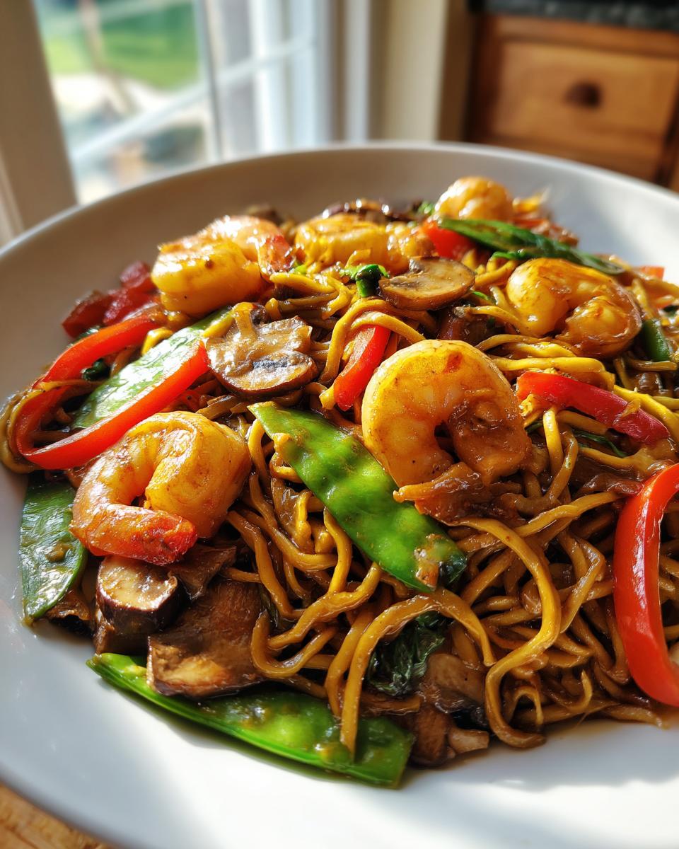 Close-up van een kom Machtige Shrimp Lo Mein met noedels, grote garnalen, rode paprika en peultjes.