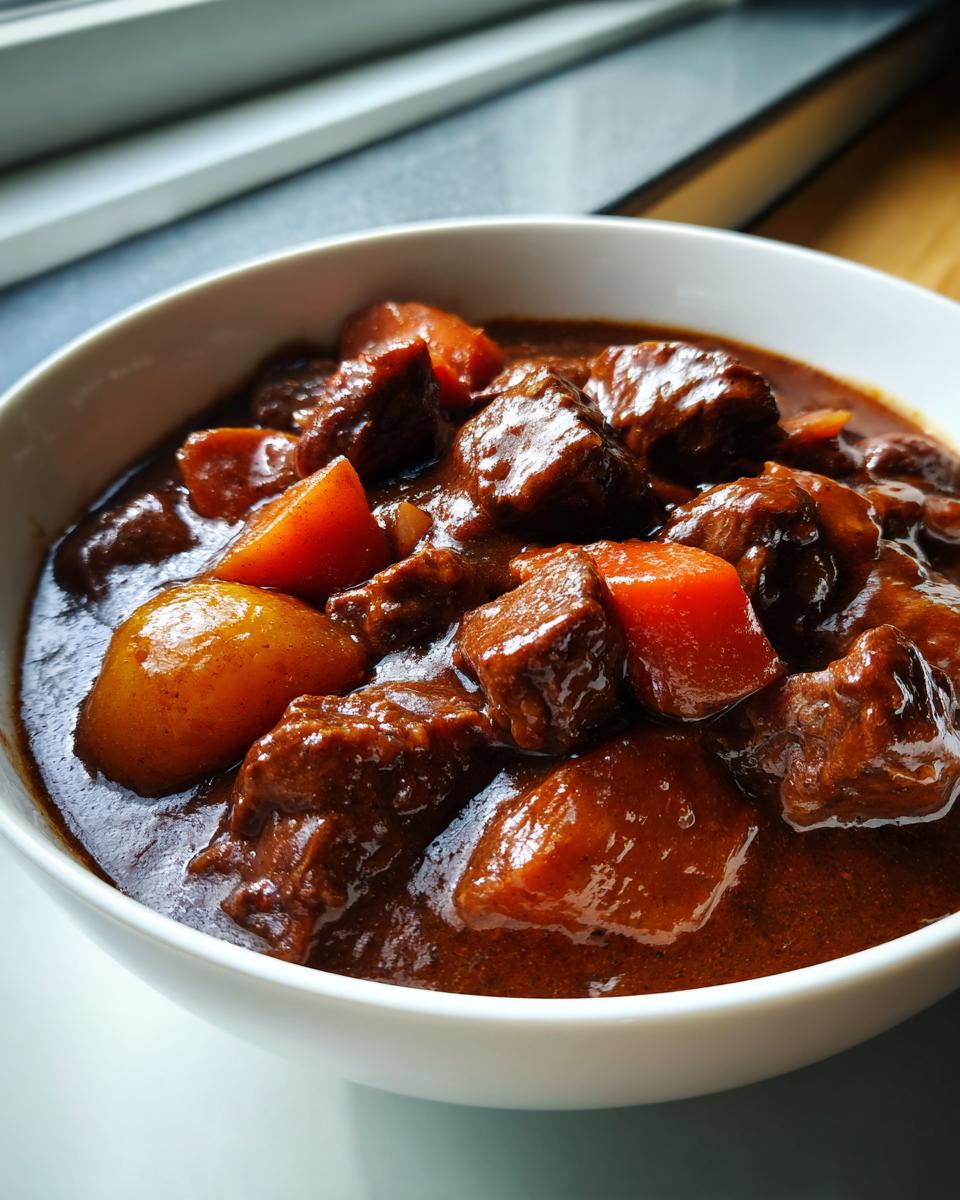 Close-up van een witte kom gevuld met mals Slow Cooker Beef Stew met stukjes rundvlees en wortel in rijke saus.
