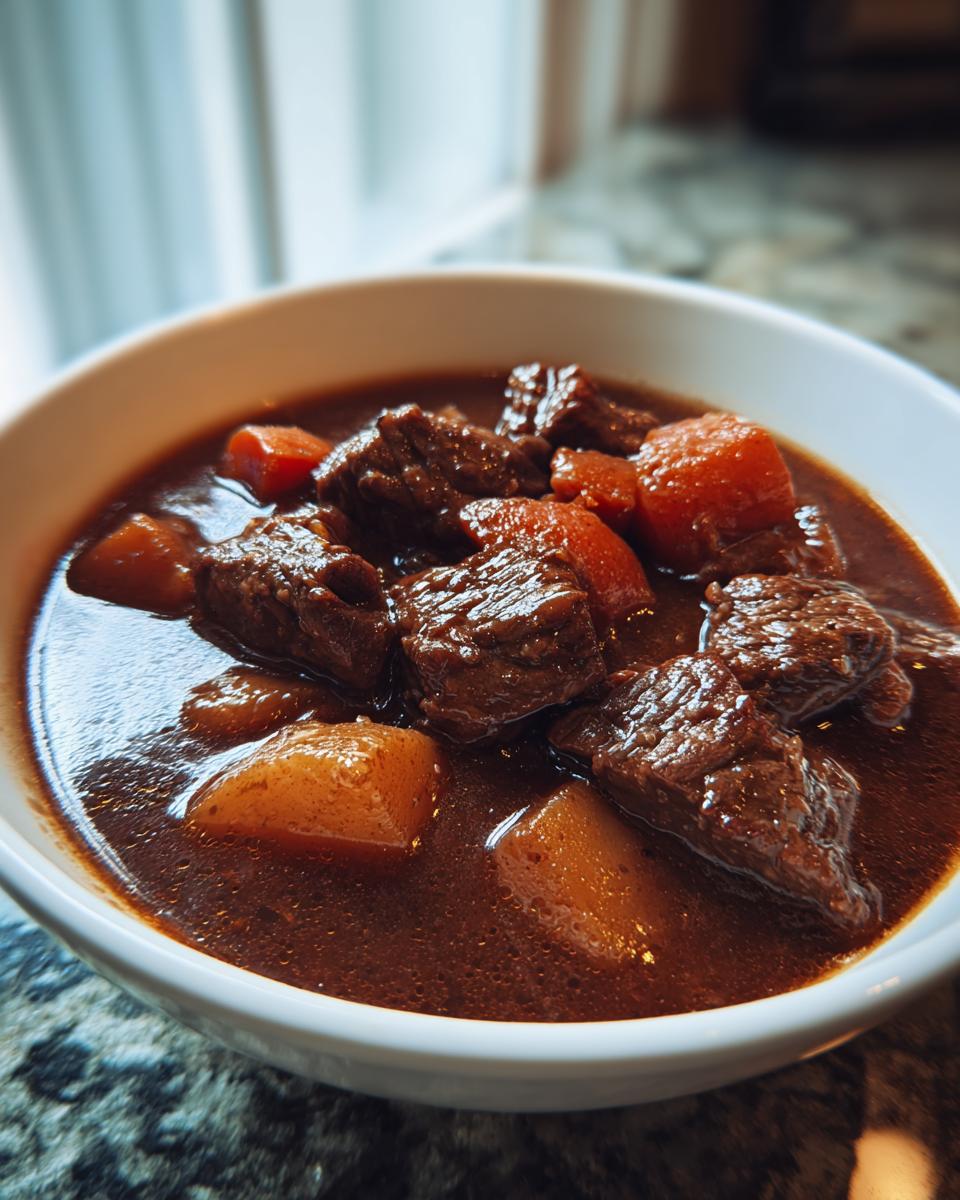 Close-up van een kom met mals Slow Cooker Beef Stew, met stukjes rundvlees en groenten in een rijke, donkere saus.