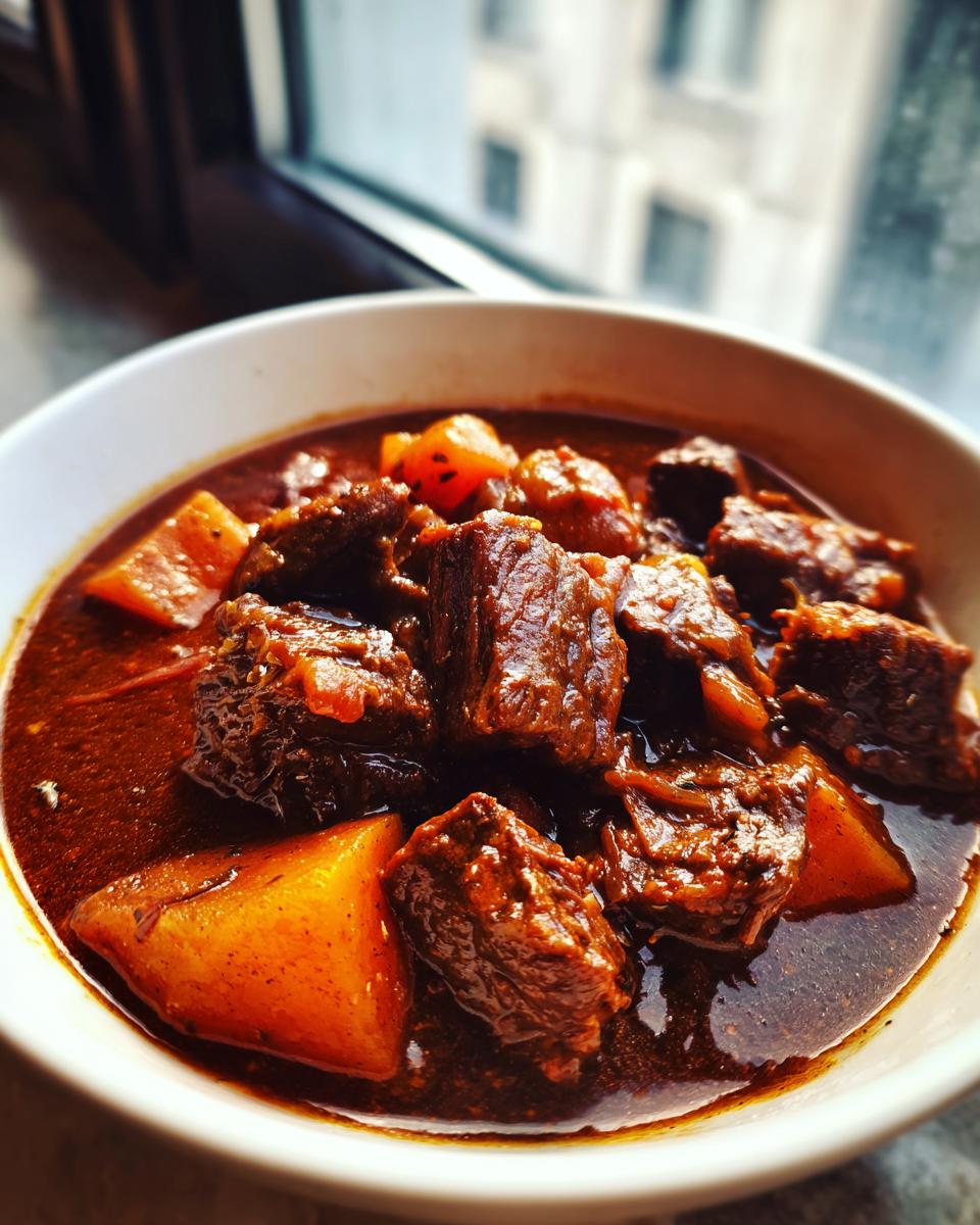 Close-up van een kom met mals Slow Cooker Beef Stew, rijk aan donkere saus, blokjes rundvlees en wortelen.