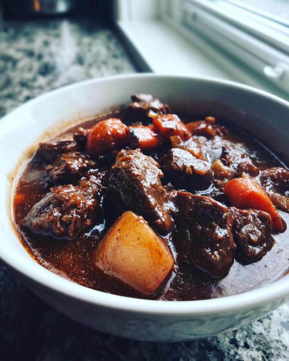 Close-up van een kom met mals Slow Cooker Beef Stew met stukjes rundvlees, wortel en aardappel in donkere saus.