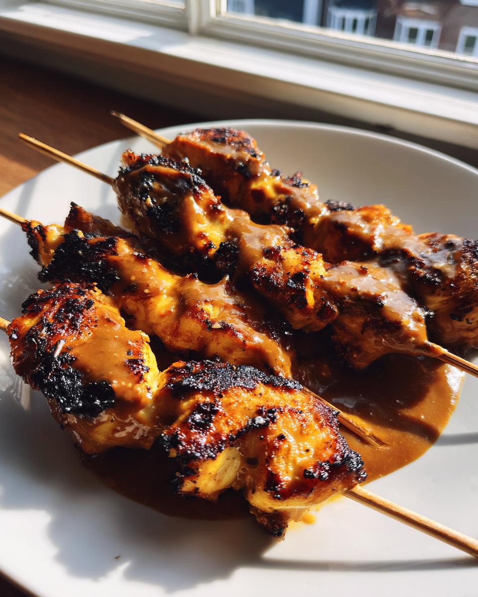 Drie spiesjes met gegrilde Chicken Satay, rijkelijk overgoten met pindasaus, op een wit bord.