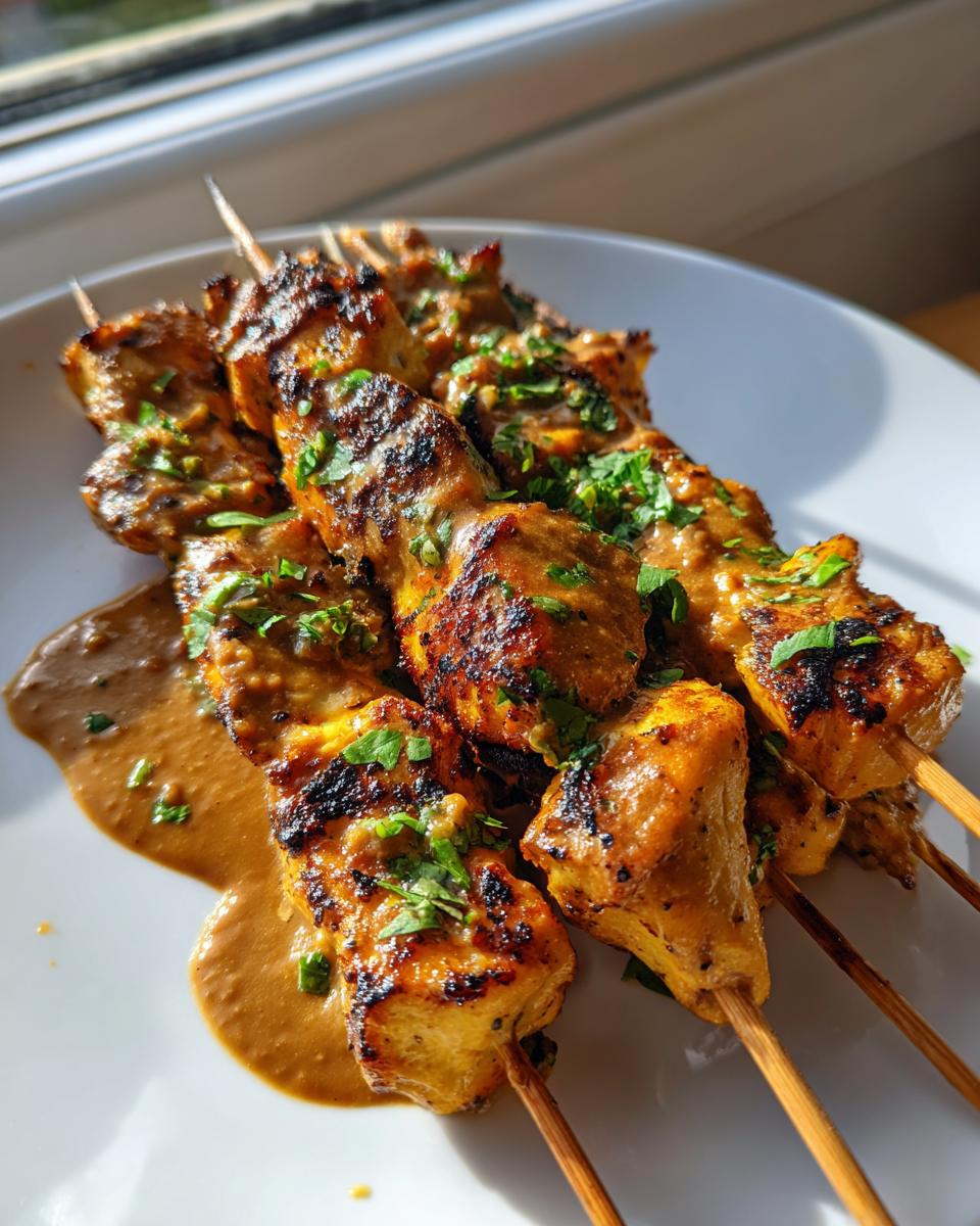 Drie spiesjes met gegrilde, gemarineerde Chicken Satay, overgoten met pindasaus en gegarneerd met peterselie.