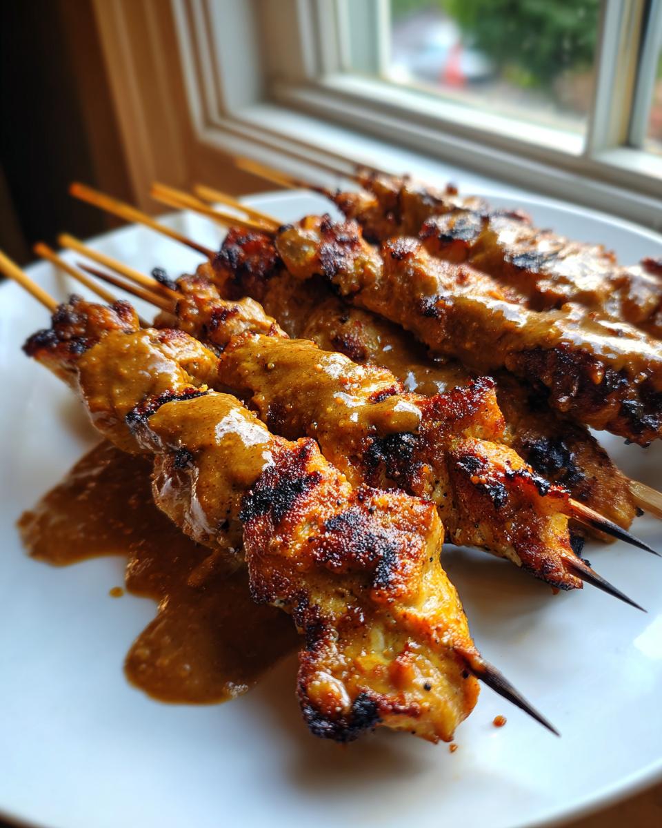 Close-up van gegrilde Chicken Satay spiesjes met rijke pindasaus op een wit bord.