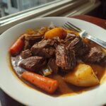 Close-up van een kom met malse Dutch Oven Pot Roast, gestoofd rundvlees met wortels en aardappelen in jus.