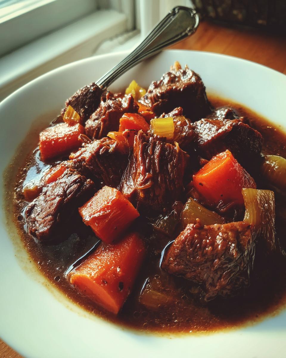 Close-up van een kom met malse Dutch Oven Pot Roast, gestoofd vlees en grote stukken wortel in donkere jus.