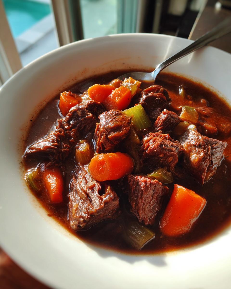 Close-up van een kom met malse Dutch Oven Pot Roast, stoofvlees met wortel en bleekselderij in rijke jus.