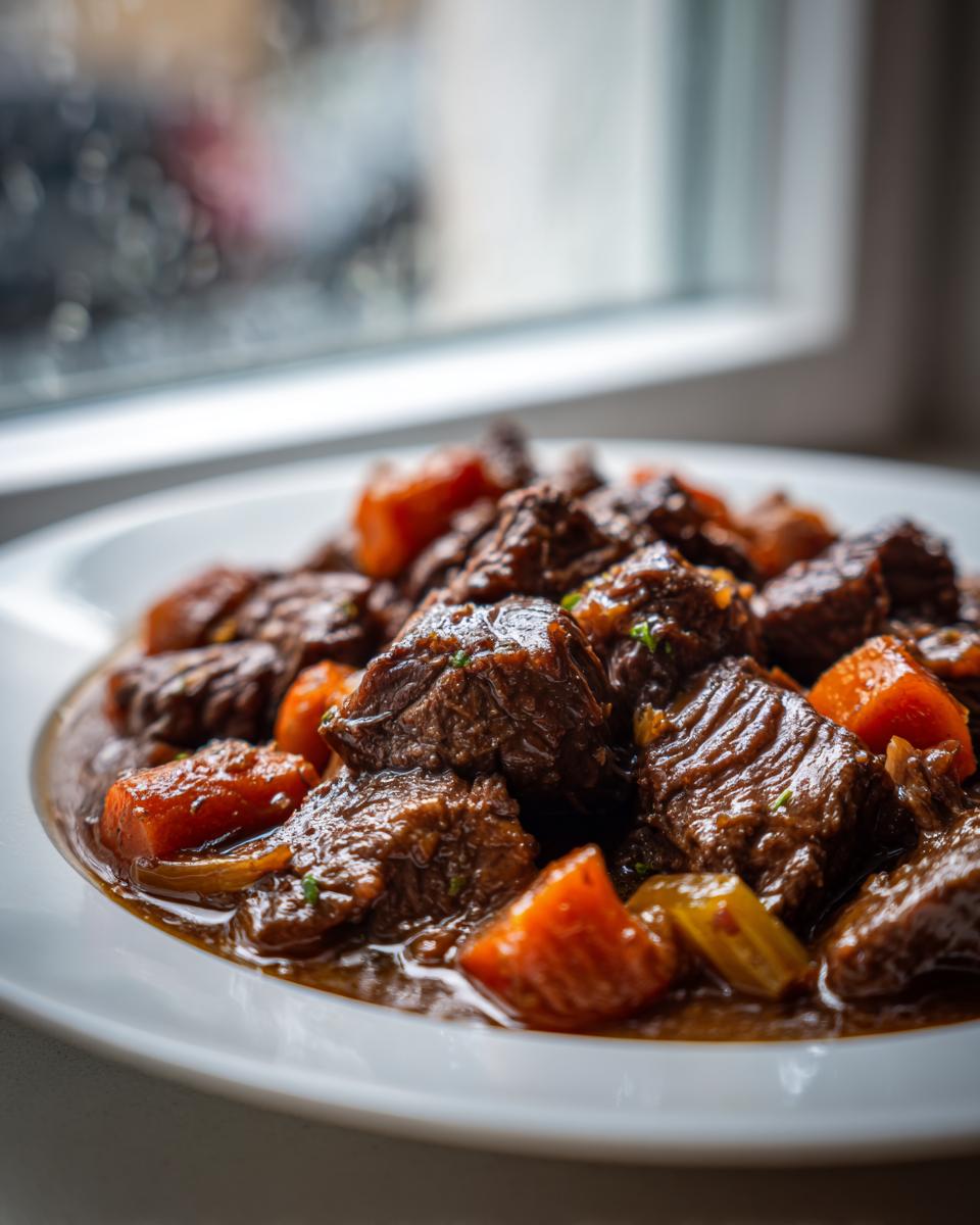 Close-up van malse stukken Dutch Oven Pot Roast met wortelen in een rijke saus op een wit bord.