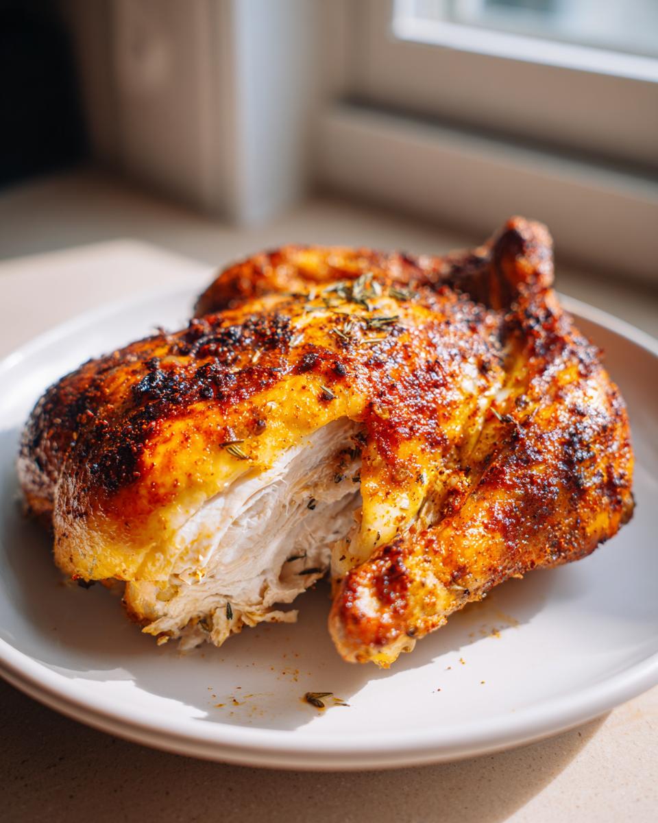 Een sappige Roasted Spatchcock Chicken met een goudbruine, gekruide huid, deels aangesneden om het witte vlees te tonen.