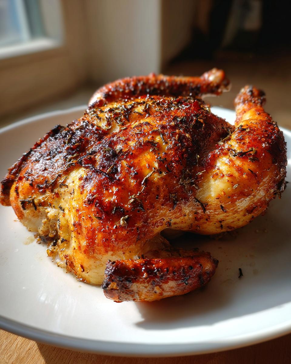 Close-up van een perfect gegaarde Roasted Spatchcock Chicken met een goudbruin, gekruid vel op een wit bord.